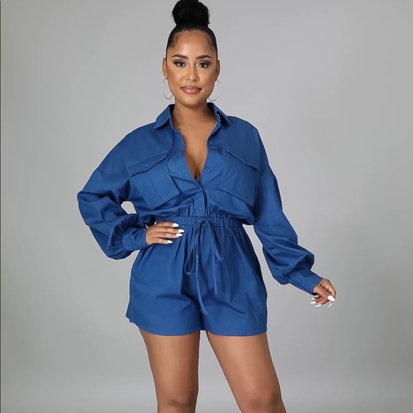 Long Sleeve Denim Romper with Pockets and Elastic Tie Waist XL - Picture 7 of 7